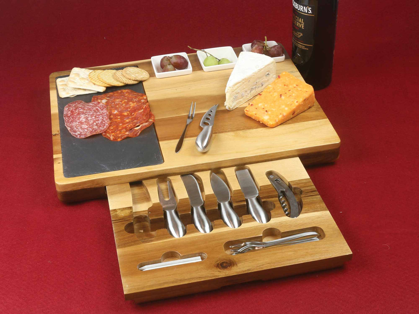 Premium Deluxe Acacia Wood Cheese Board Set with Cutlery and dishes 44x33cm