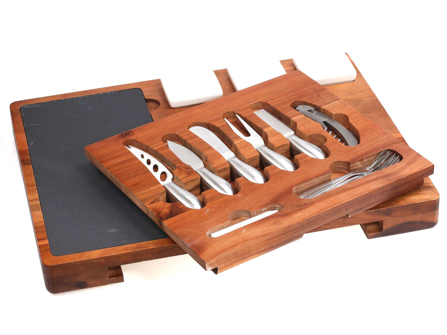 Premium Deluxe Acacia Wood Cheese Board Set with Cutlery and dishes 44x33cm