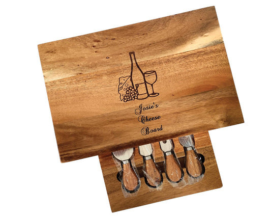 Personalisable Large Acacia Wood Cheese Board Set 36cm x 24cm